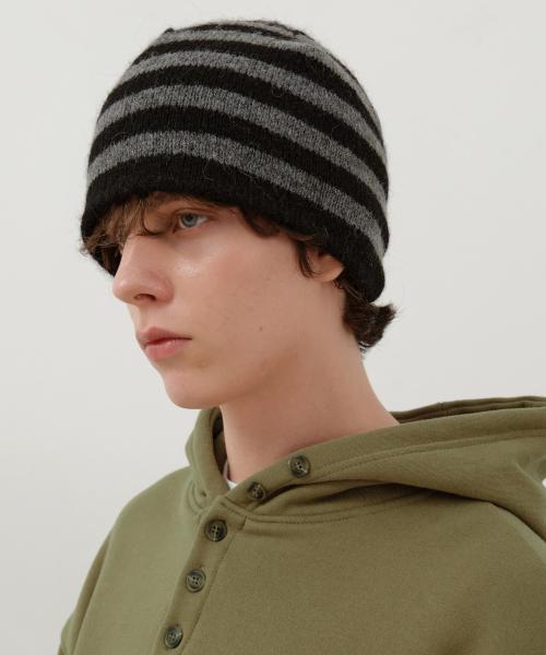 울 헤어리 스트라이프 니트 비니_BLACK(WC25-KN86)