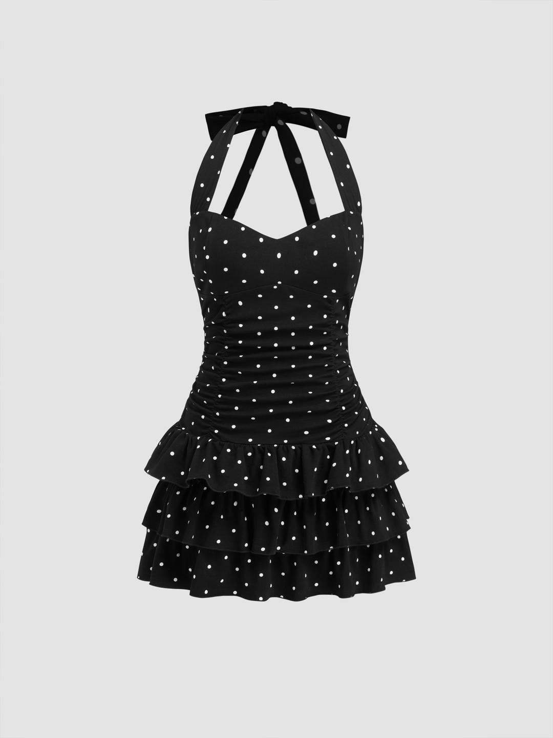 Cotton-blend Halter Neckline Polka Dot Ruched Layered Mini Dress