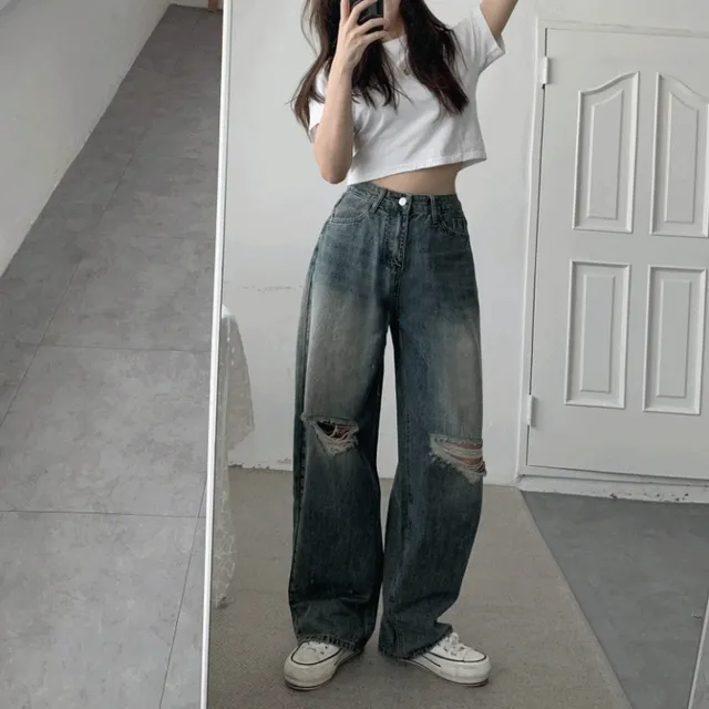 [기장선택/하비강추!!] 힙한 빈티지 무파진 찢청 롱 와이드 데님 팬츠 키작녀 키큰녀 기장선택 빅사이즈