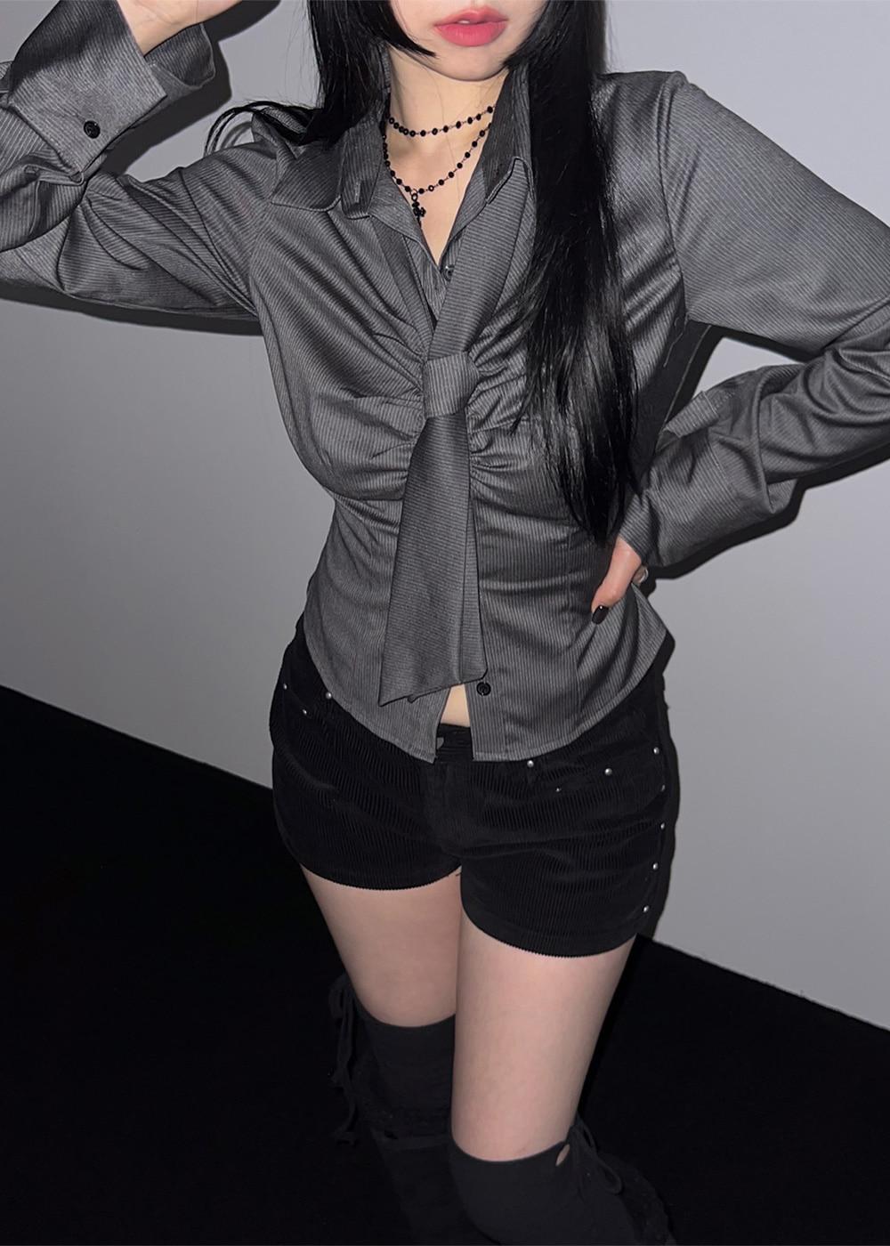 [당일배송🚀] NEVILLE STRIPE TIE SET SHIRRING SHIRT 2color / 네빌 스트라이프 타이 세트 셔링 셔츠