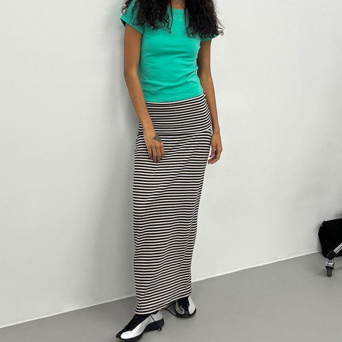PWC FOLDING WAIST JERSEY MAXI SKIRT_BLACK STRIPE