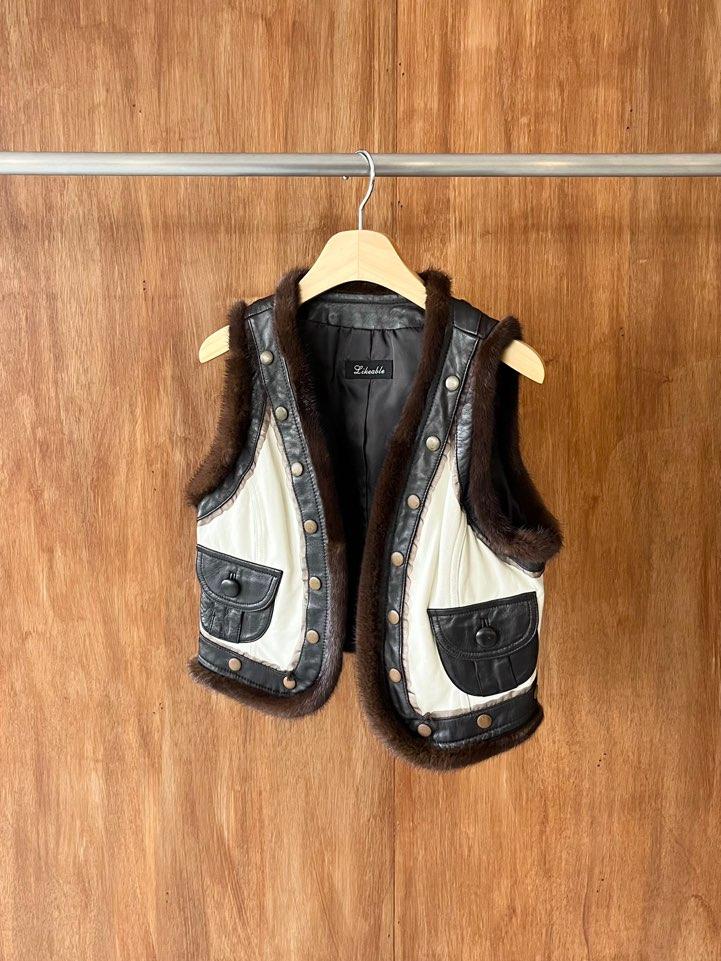 Ivory fur trim leather vest