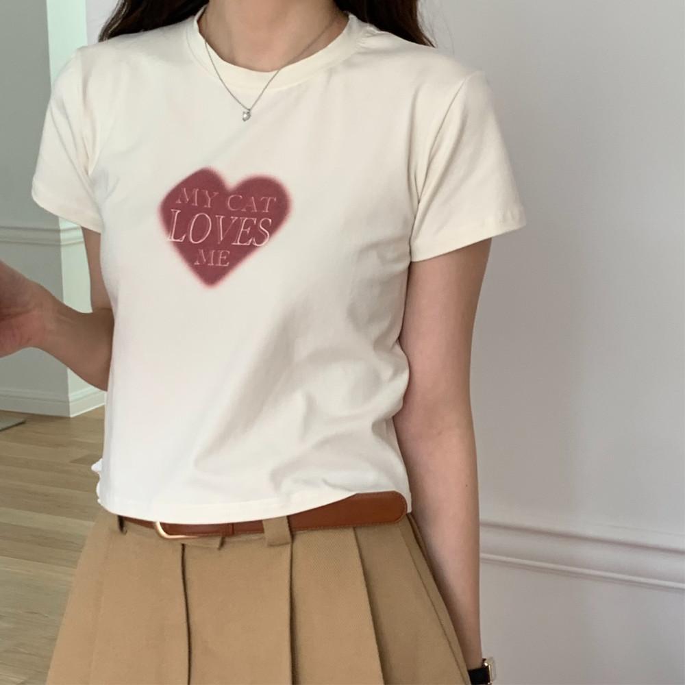러브미 크롭 티셔츠 크림 MY CAT LOVES ME