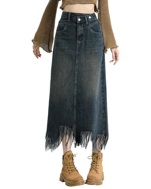 커브미 [L-4XL/하비강추] 빅사이즈 찢었다 개미허리 언발버튼 데님 롱 스커트 청치마