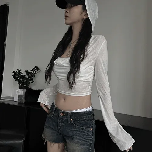 [set] soft white crop hood T
