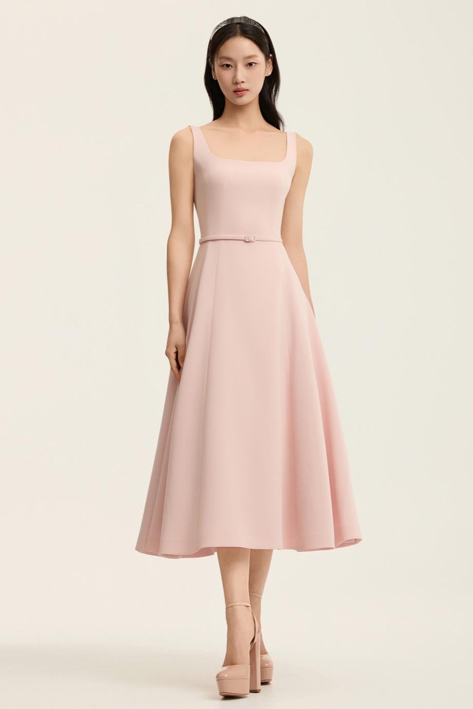 CREPE SQUARE NECKLINE SLEEVELESS FLARE DRESS