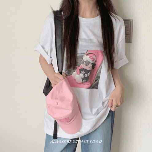 비치 키티 선그라스 반팔 티셔츠 t / 여름 프린팅 오버핏티셔츠