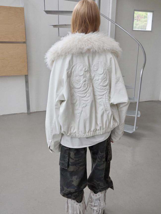 [1JINN STUDIO] Fur Collar Embossed PU Leather Jacket