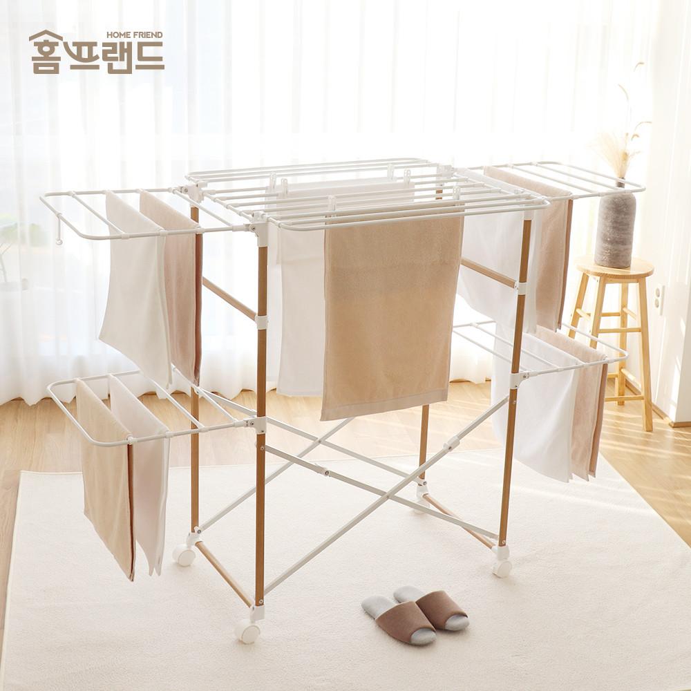 홈프랜드 감성 대형 빨래건조대 네모건조대 원목 튼튼한 예쁜 건조대 바퀴 아기옷 (우드)