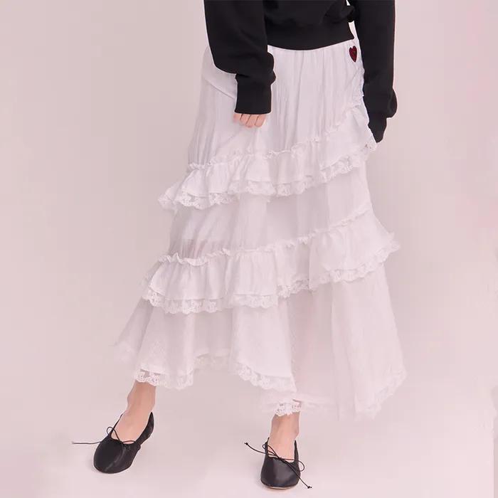 베티붑 프릴 레이스 플레어 롱 스커트_화이트
