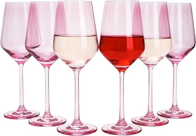 Pink Wine Glasses Set of 6-14 oz Colored Wine Glasses Stemmed, Birthday Gift, Blush Colored Tall Stemmed, Unique Wine Glasses, Colorful Wine Glasses, Colored Glassware - Blushed Pink