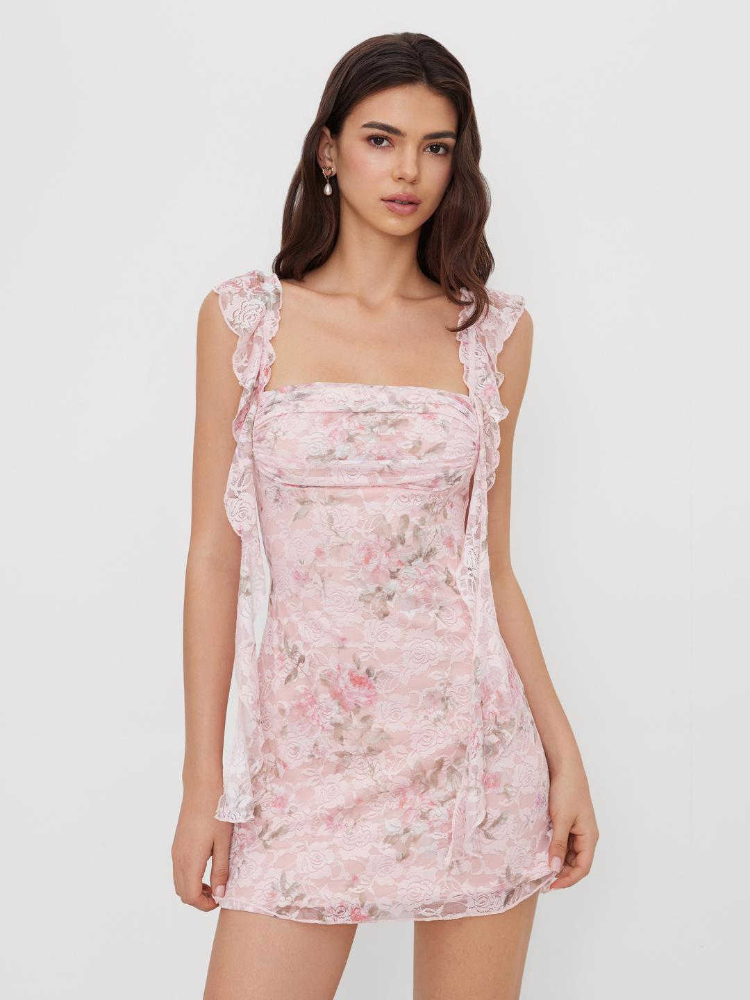 Square Neck Lace Floral Ruffle Hem Ruched Mini Dress