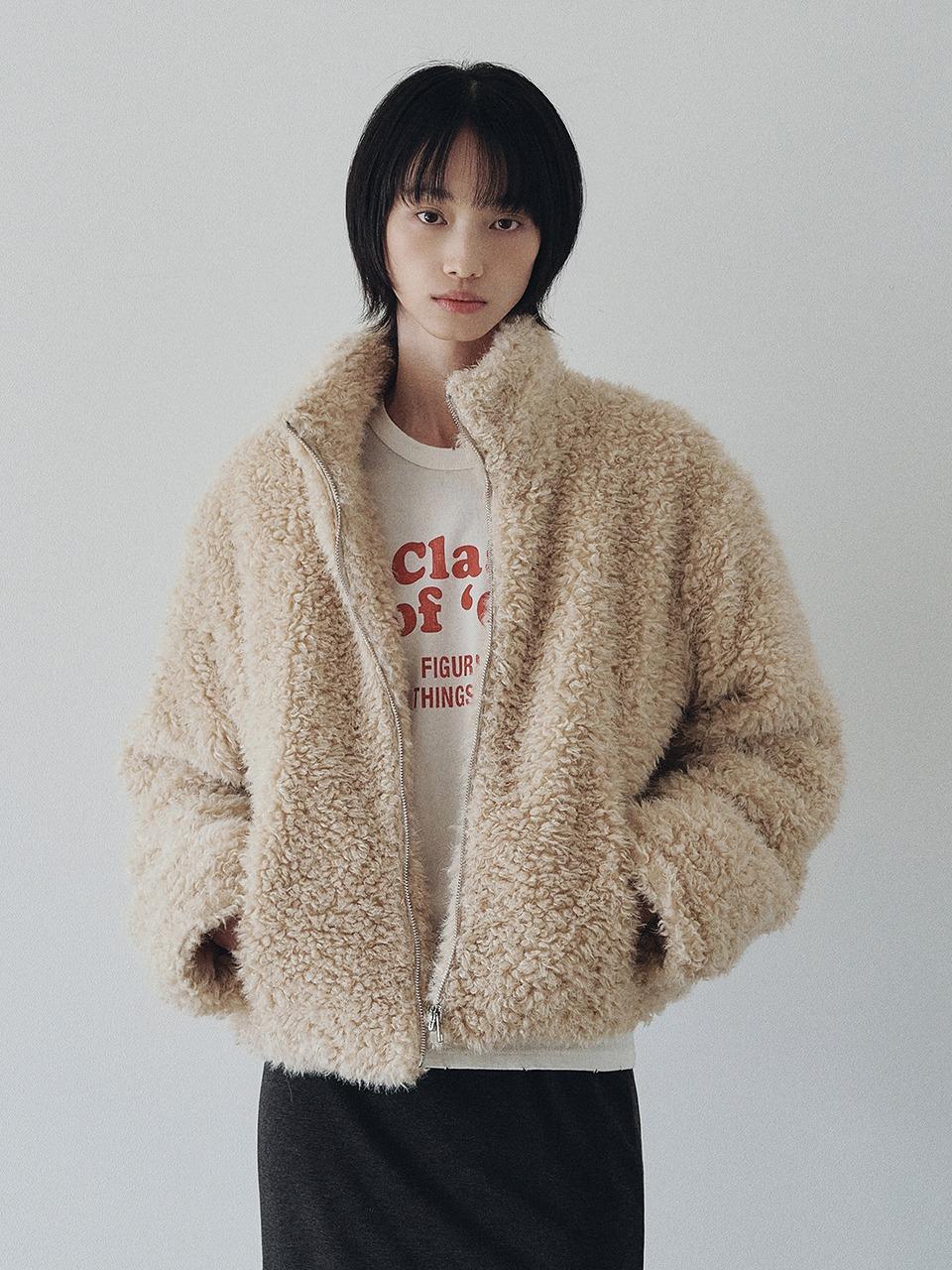 High-neck Boucle Fur Jacket (Light Beige)