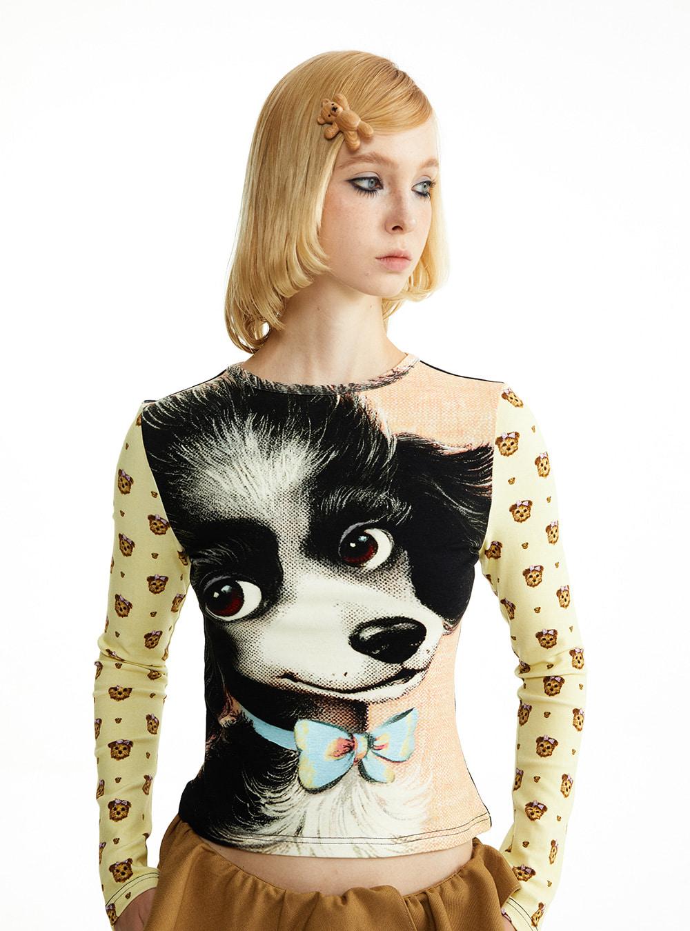 Cotton Round-Neck Dog Print Top
