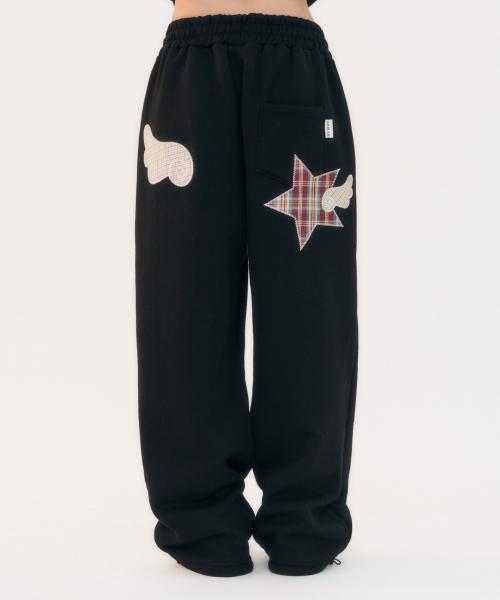 Angel Star Patch 자수 원턱 스트링 와이드 스웨트 팬츠 AP903 (블랙)