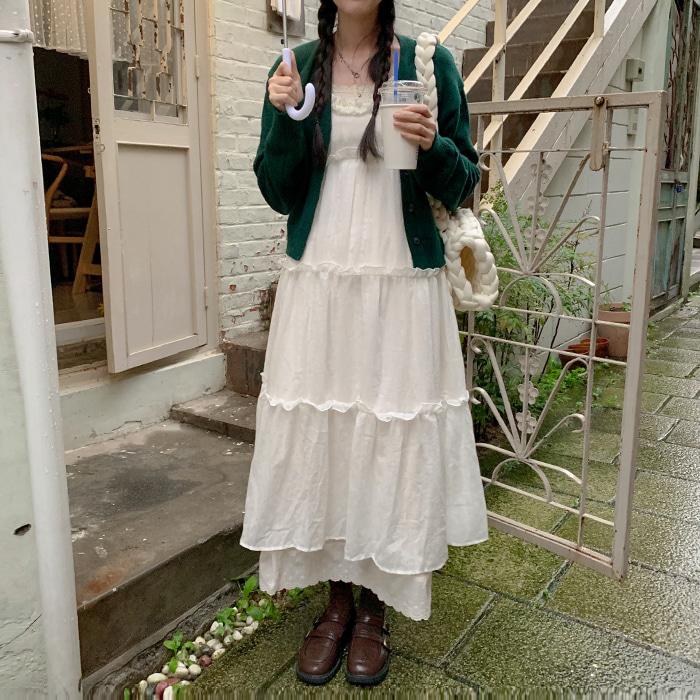 캉캉 러플 셔링 끈원피스 - 화이트