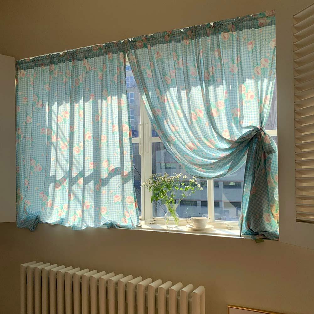 blue check rose fabric