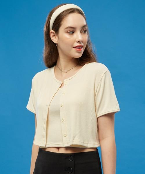 WOMEN 셋업 크롭 반팔티 끈나시 세트 [커스터드]