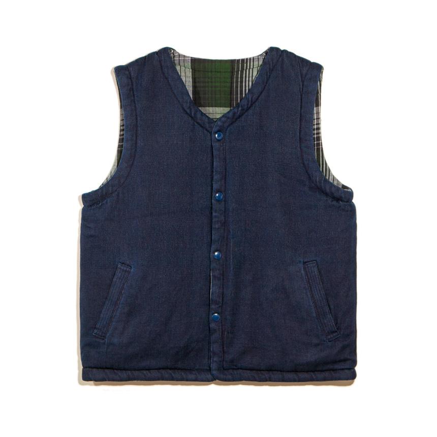 Reversible Waistcoat - Denim Indigo Weave & Green/White/Navy Check