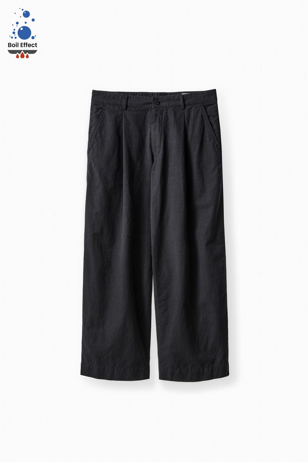 BLACK Y-959 BOIL EFFECT 270g LINEN COTTON DRILL ONE TUCK WIDE CHINO PANTS (ECP GARMENT PROCESS)