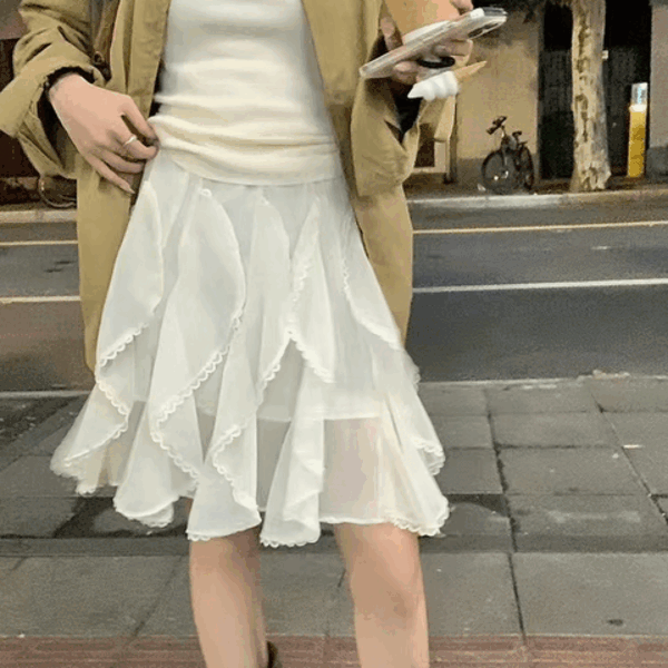 루어스룸 [봄 신상] 라일리 언발 프릴 셔링 레이어드 미디 스커트 치마 (아이보리)