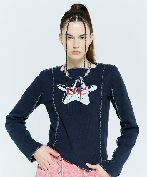 L6 OVERLOCK UNBALANCE SLEEVE TEE(NAVY)