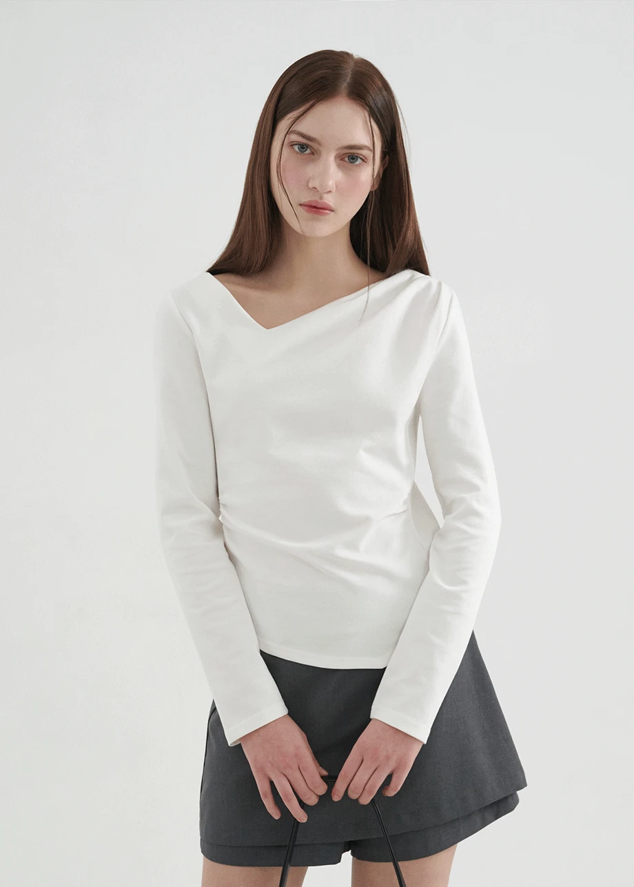 [44-120]  Meli Shirring Slit Tee  멜리 셔링 슬릿 티  (봄-가을-베이직-데일리룩-출근룩-캐주얼룩-출근룩-스퀘어넥-클래식-페미닌-다이마루-빅사이즈-자체제작)