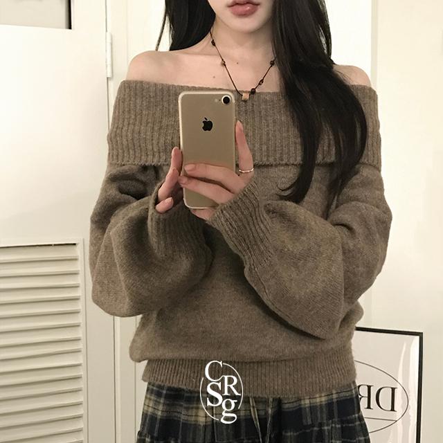 크림슈가 [직진배송][흘러내림X/여리여리] 로이니 심플 오프숄더 니트
