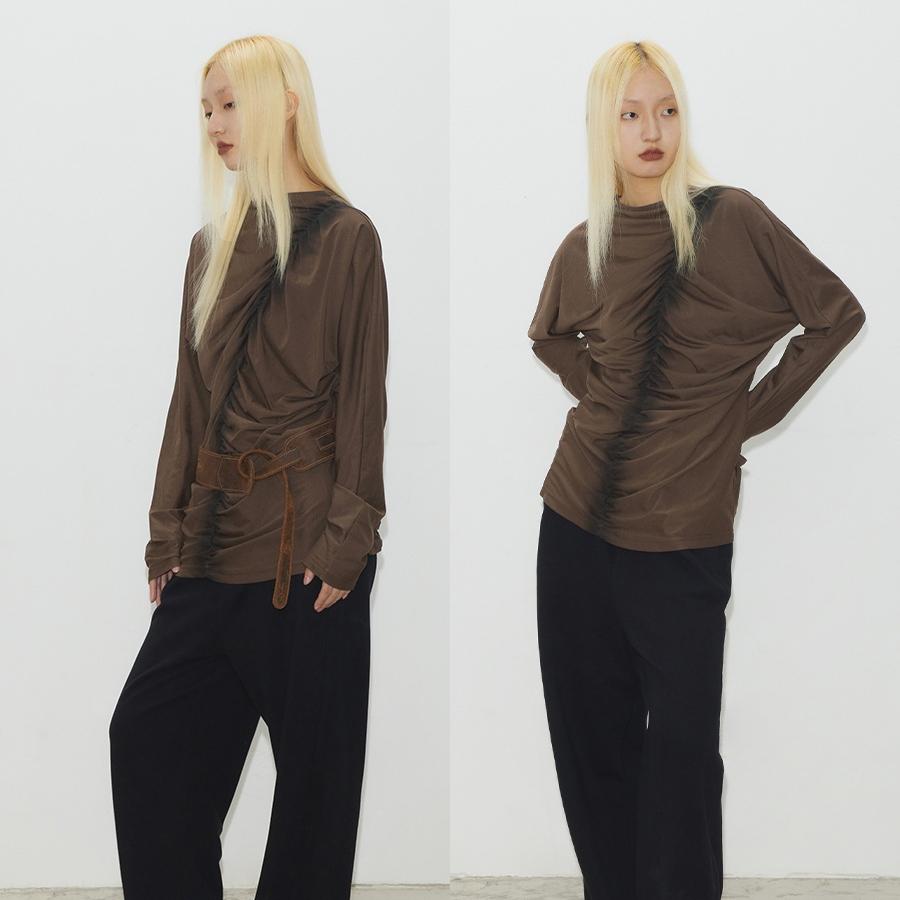 CONP Gather 플리츠 셔링 탑 브라운 립 주름 티셔츠