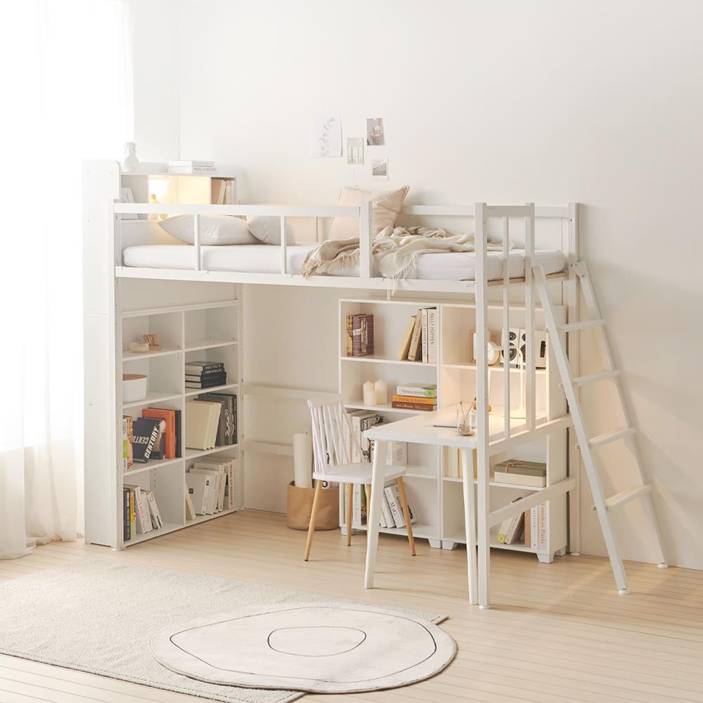 플라망 바이블 LED 책장형 높이조절 철제 SS 벙커침대 화이트 사다리  화이트 책장