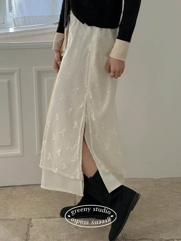 캔유 레이어드 리본 레이스 사르르 롱 스커트 (3 colors)