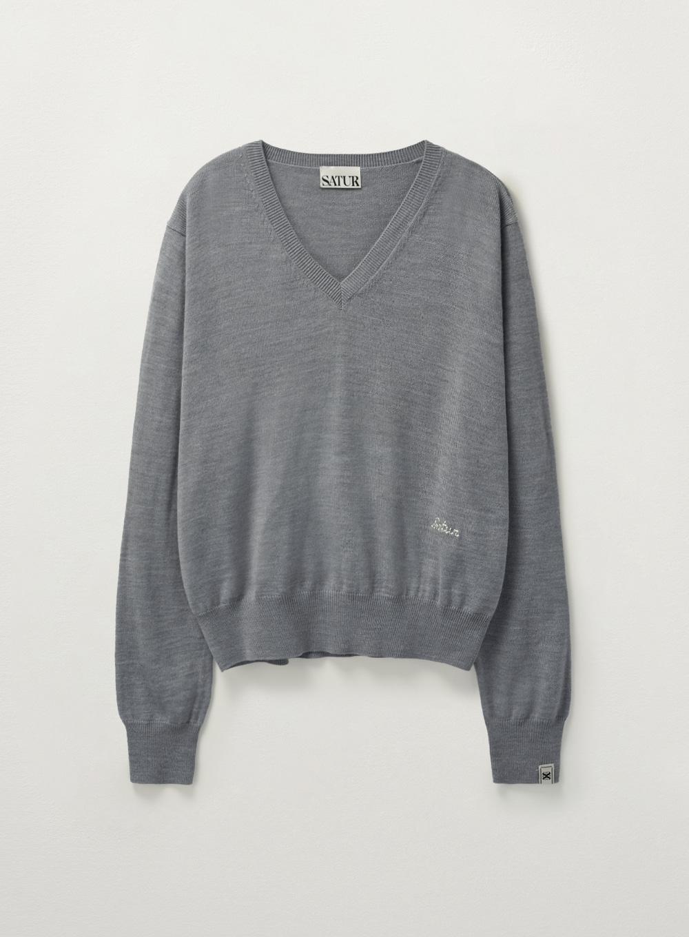 (W) V-Neck Fine Wool Knit - Melange Gray
