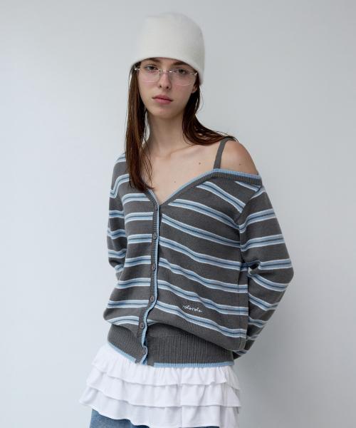 ONE OFF SHOULDER STRIPE WOOL BLENDED CARDIGAN GRAY