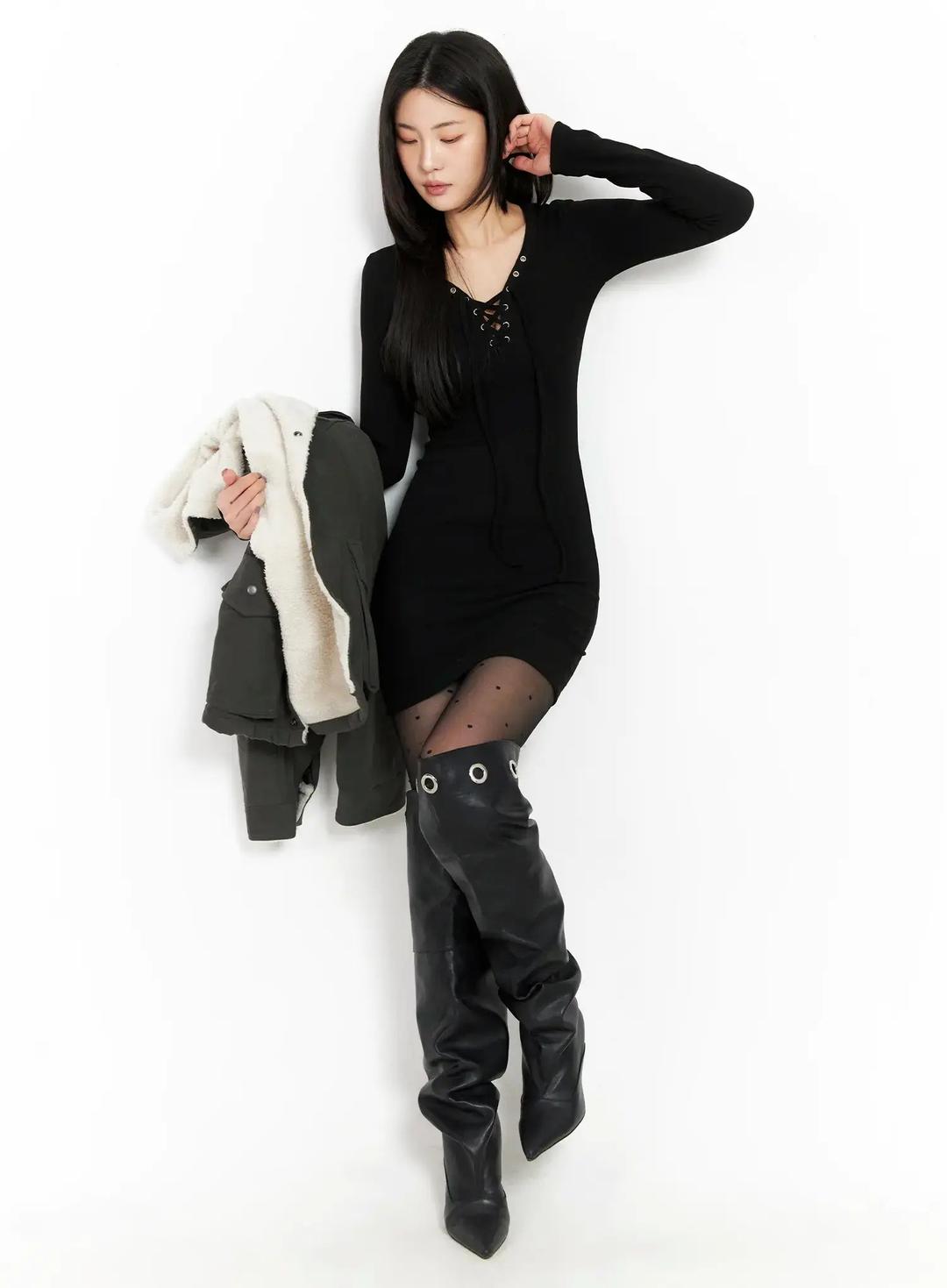 Ribbed Lace-Up Bodycon Mini Dress CD508 - Black / S/M