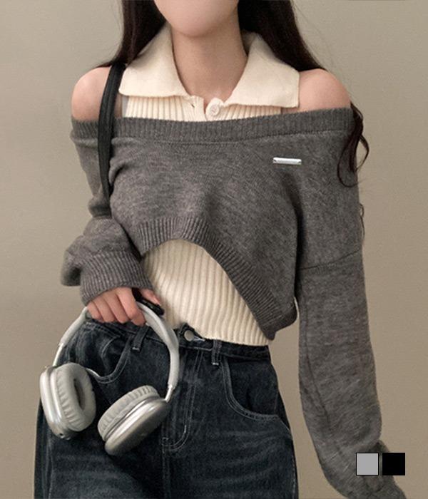 [무료배송] 도아 패치 카라 + 크롭 니트 투피스 세트