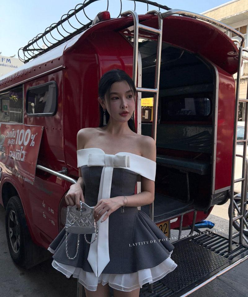 빅리본 오프숄더 셔링 미니원피스