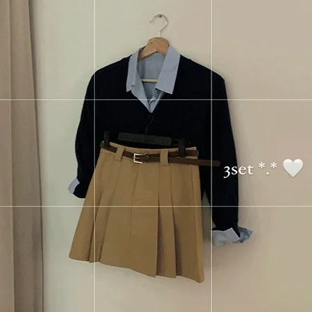 [set*.*/벨트증정🤍] 베이글 크롭 셔츠+플리츠 스커트 세트 / 가디건 추가 가능!