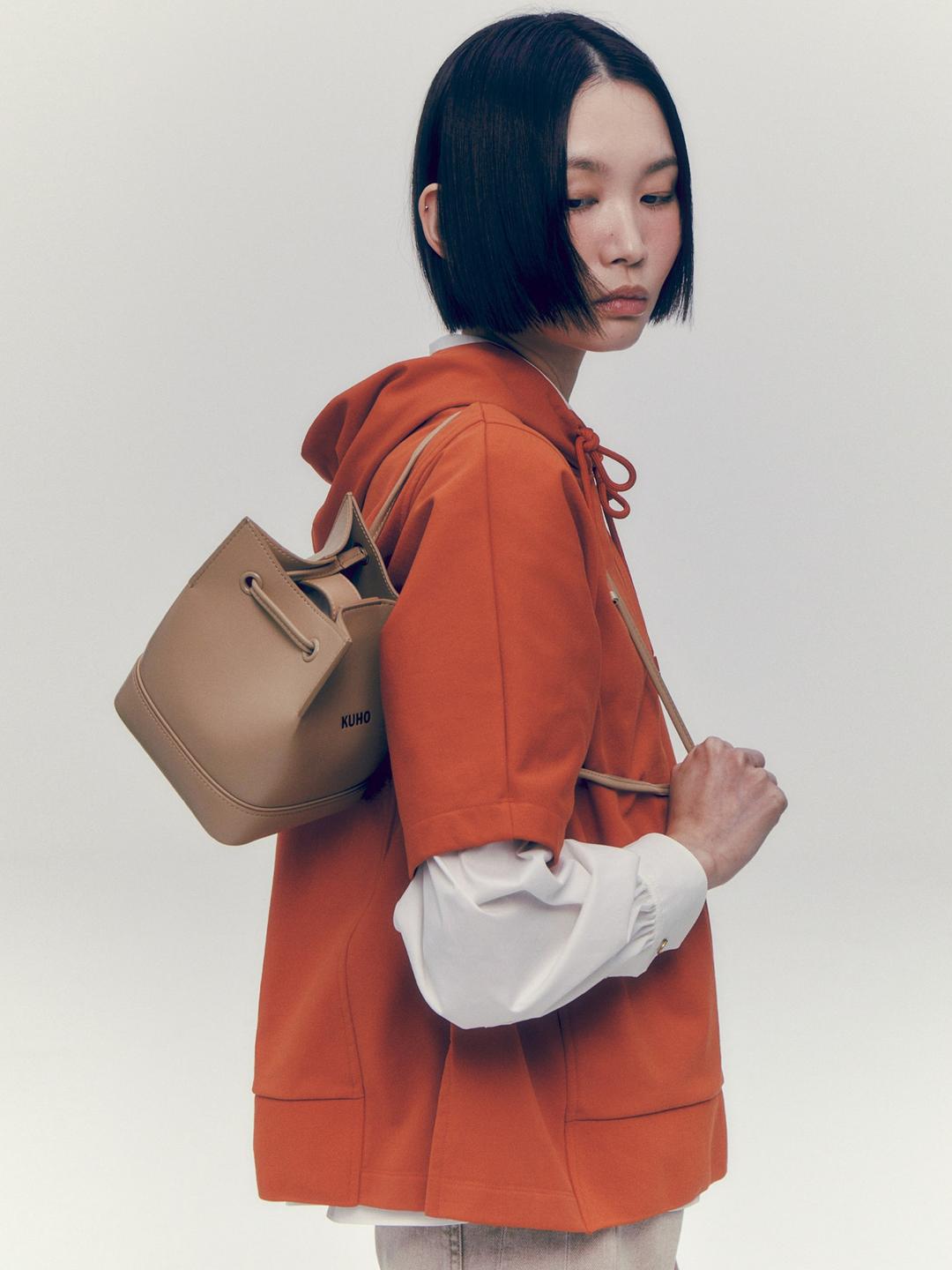 Leather Mini Square Bucket Bag - Yellowish Brown