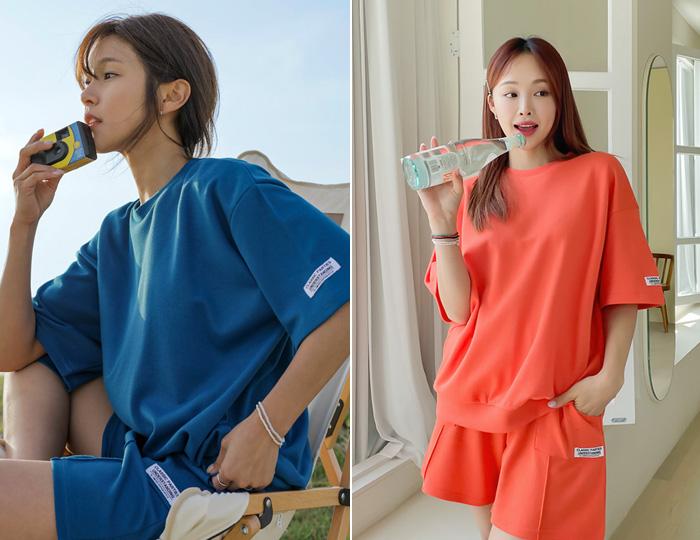 [SET]포켓라벨 맨투맨 4부 트레이닝세트