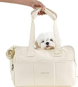 ONECUTE Dog Carrier for Small Dogs with Large Pockets, Holds Up to 16lbs, Cotton Bag, Dog Carrier Soft Sided, Collapsible Travel Puppy Carrier (Medium, Beige)