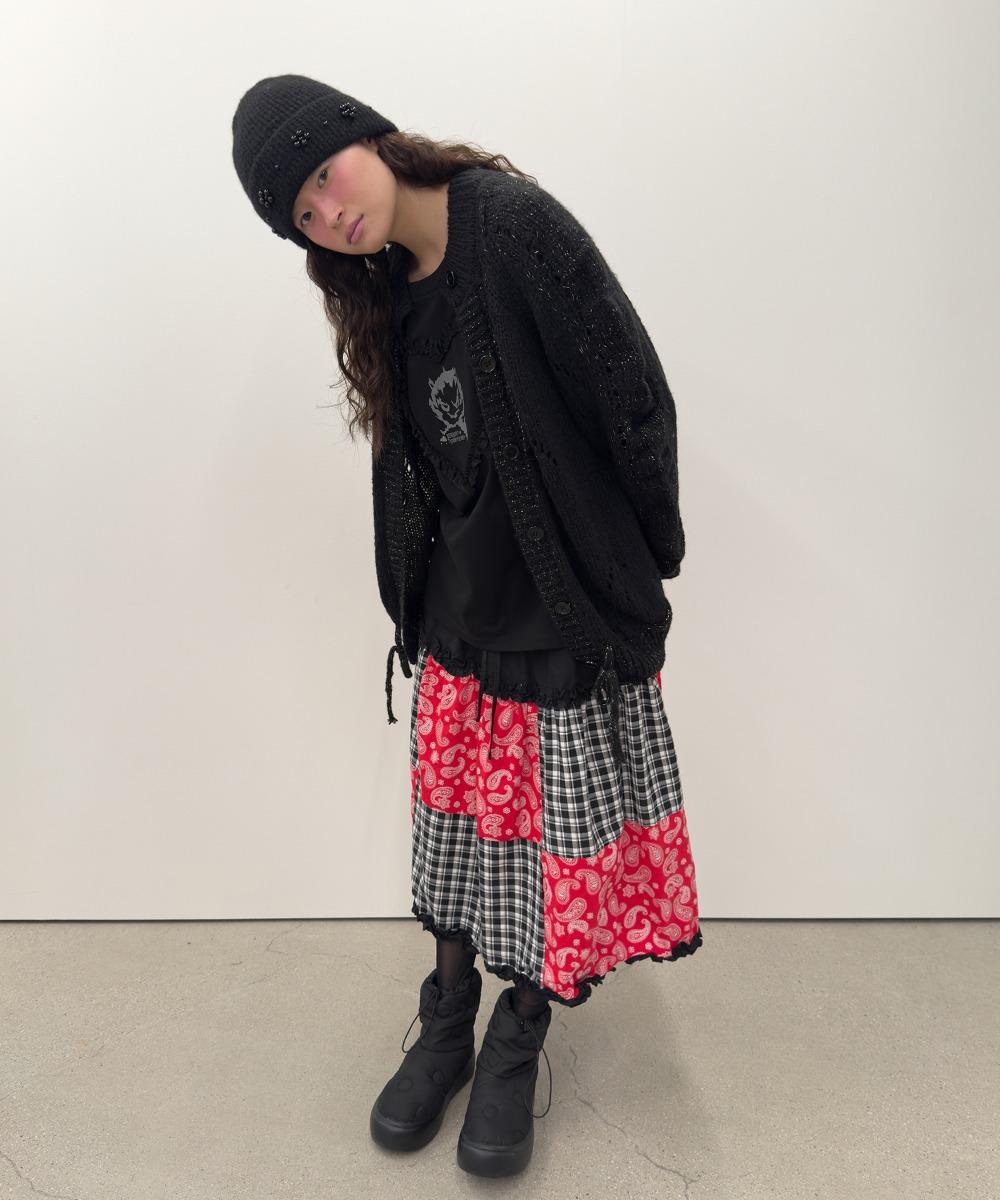 Mixed Fabric Ruffle Skirt [Black]