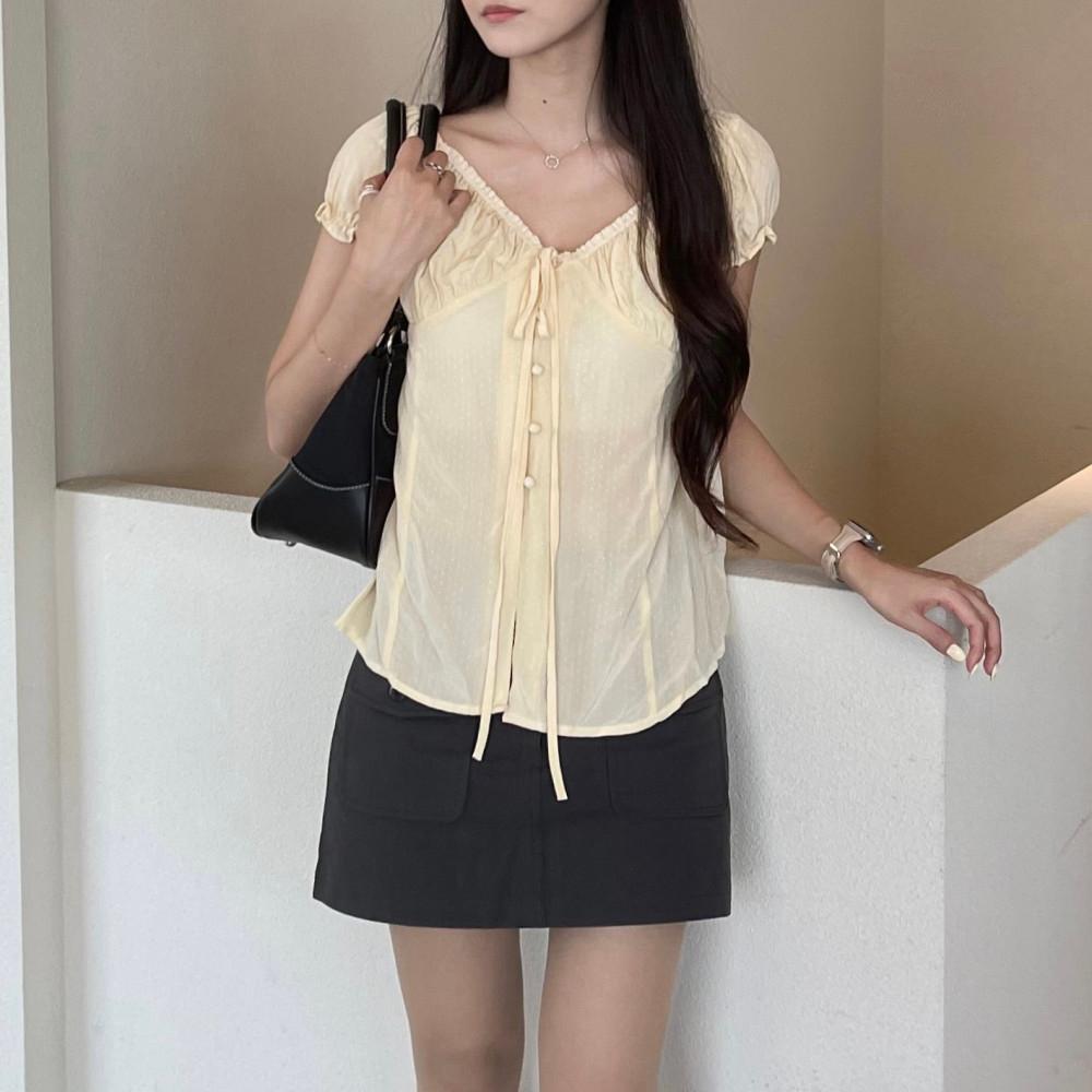 나비드 셔링 퍼프 실키 블라우스 (2col)