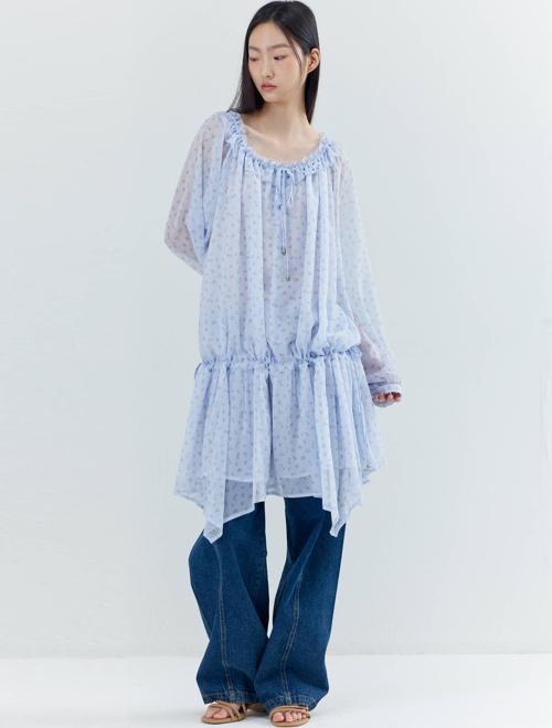 플라워 패턴 셔링 보헤미안 미니 원피스 블루