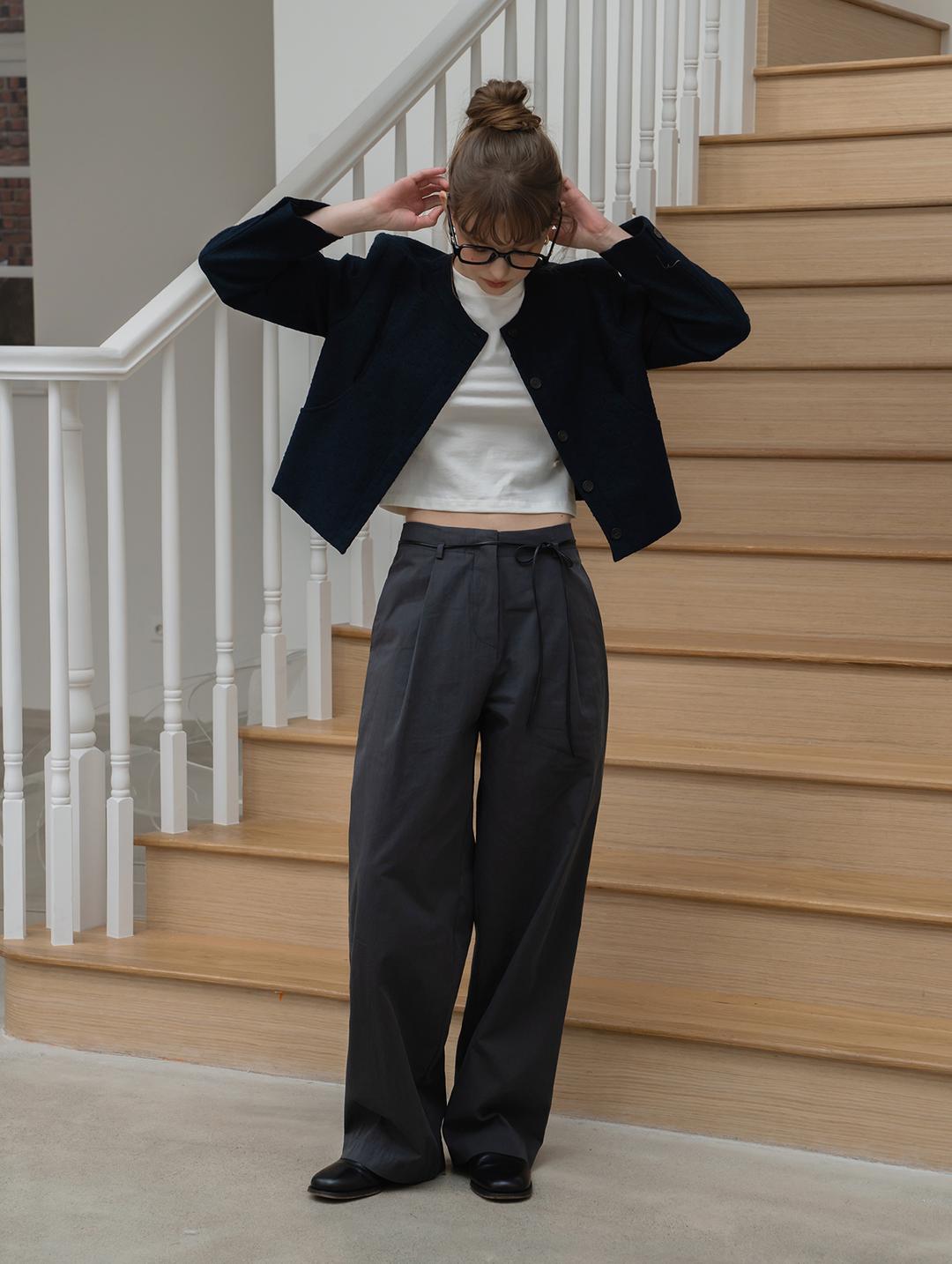 plat cotton pants/belt set - charcoal