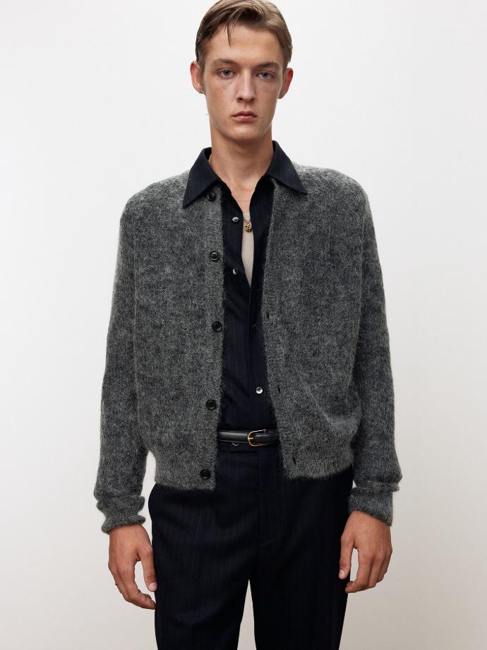 WOOL AND MOHAIR RIBBED MESH CARDIGAN_ MELANGE GREY