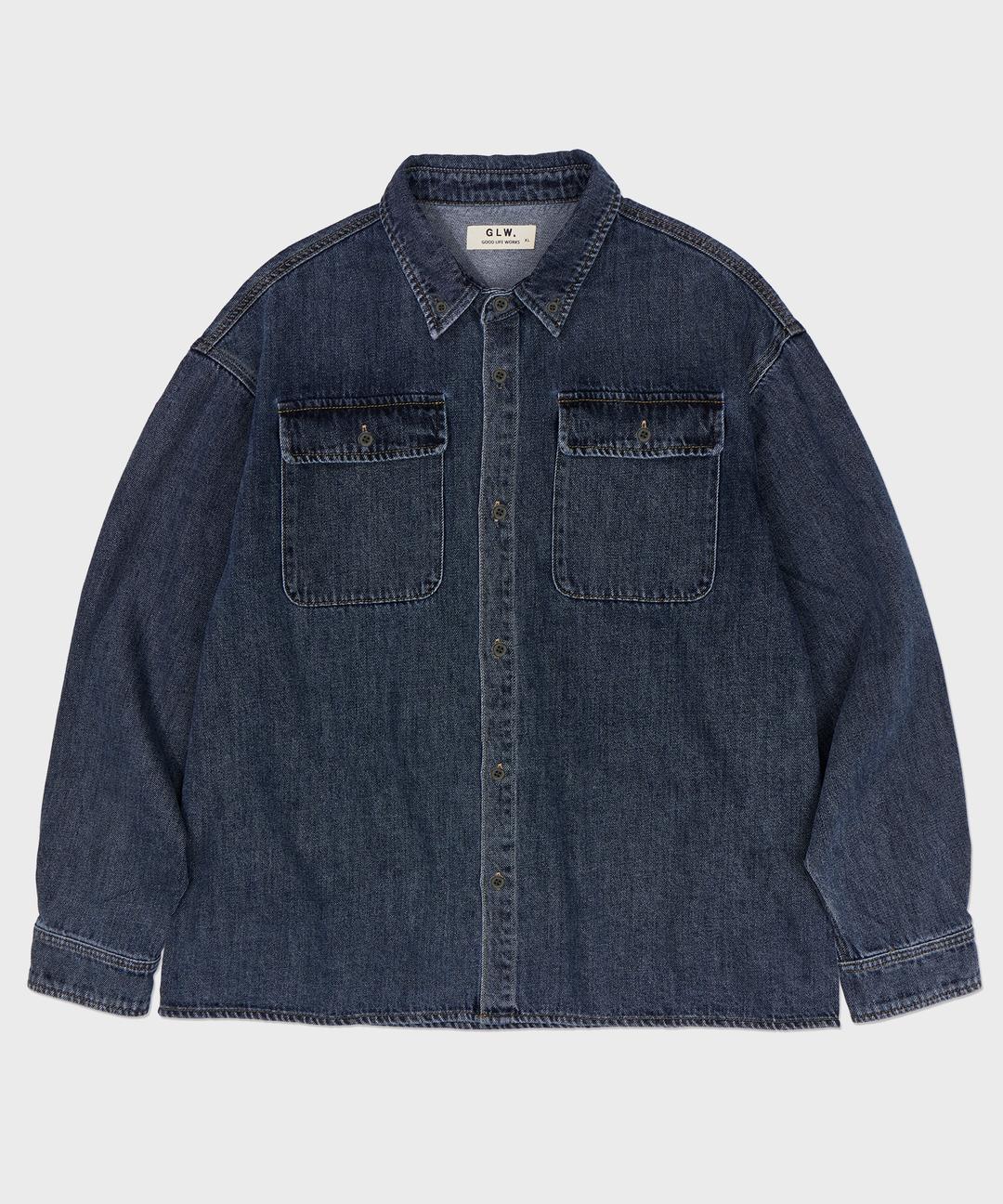 오버사이즈 투포켓 빈티지 워시드 데님 셔츠 딥블루