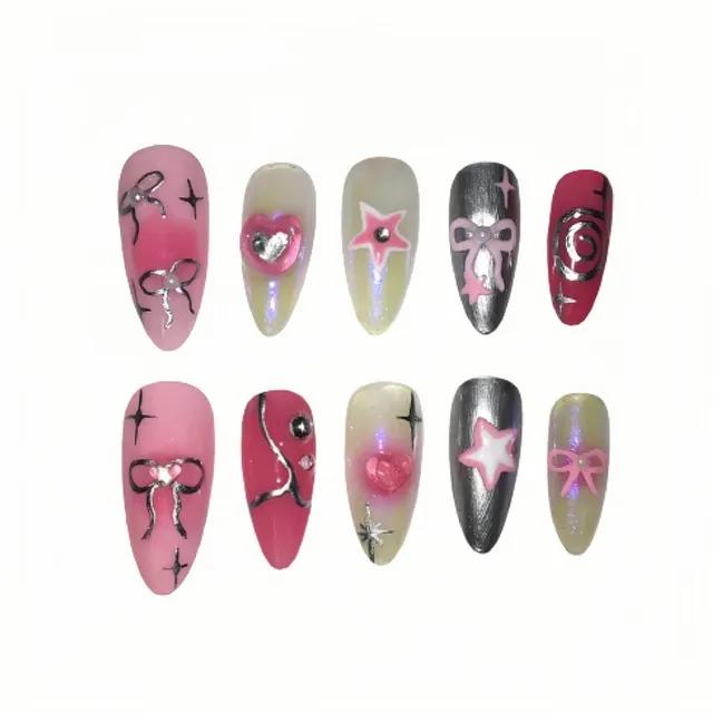 핑크&실버 리본 네일팁