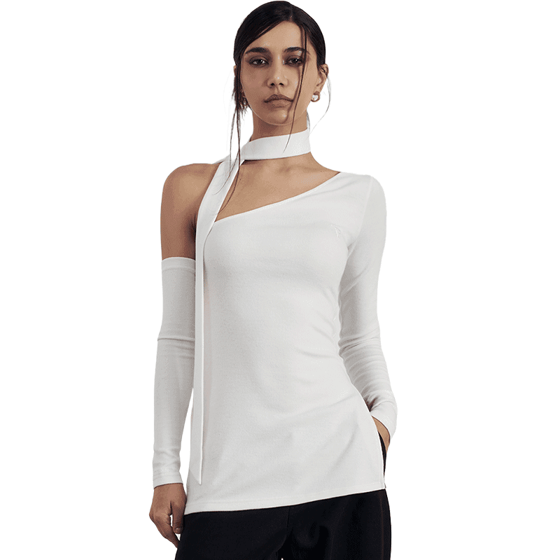 [AFEWMINUTES] Scarf one-shoulder slit top / 스카프 원숄더 슬릿탑