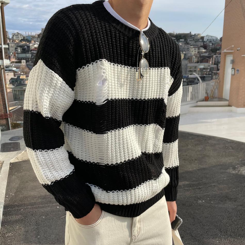 빈티지 데미지 단가라 루즈핏 라운드 니트 (black)