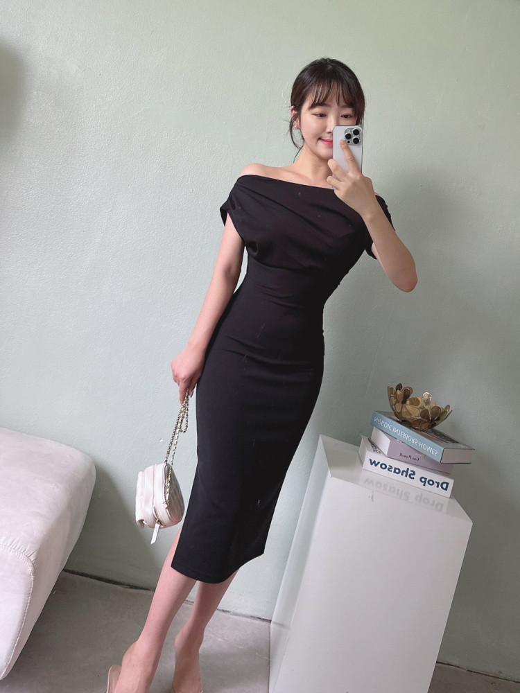 글램핏 보트넥 턱 셔링 져지 슬림 롱 원피스 2colors